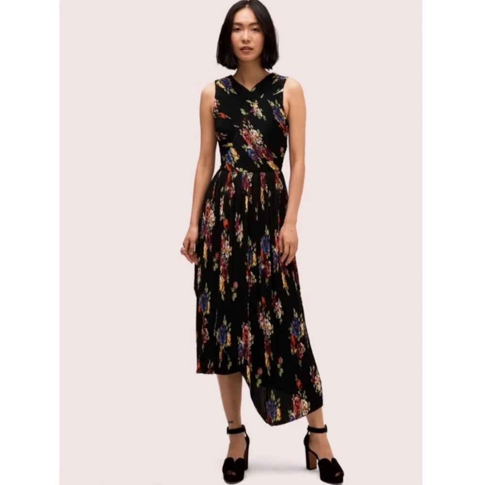 KATE SPADE Dress Size 8 Black Rare Floral Pleated Midi Y2k 90s Assymetrical - Picture 5 of 9